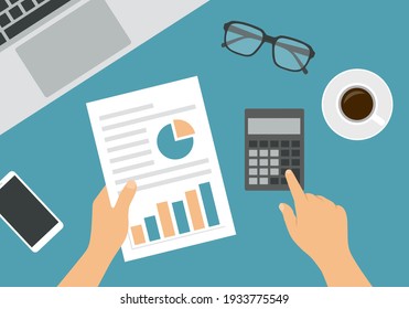 Flat design illustration of female or male hand counting on calculator. Analyzes financial chart on white paper. Laptop with keyboard and mobile phone on green background - vector