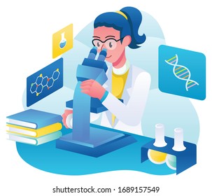 Flat design illustration with female microbiologist at work.