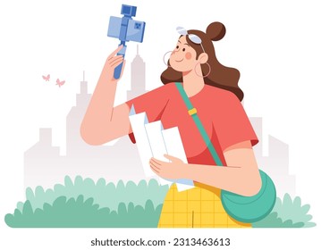 Flat design illustration of female travel vlogger holding map and vlogging kit, while recording new travel video about the local landmarks.