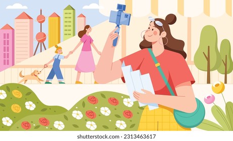 Flat design illustration of female travel vlogger holding map and vlogging kit, while recording new travel video about the local landmarks.