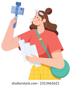 Flat design illustration of female travel vlogger holding map and vlogging kit, while recording new travel video about the local landmarks.