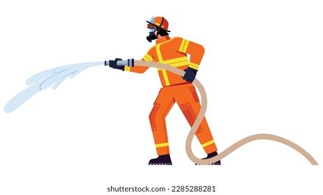 Flat design illustration with firefighter extinguishing burning fire.