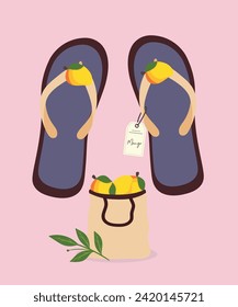 Flat Design Illustration with Flip Flops, Shopping Bag at Mango, Sale Tag	