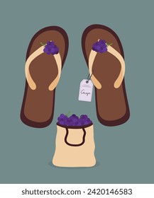 Flat Design Illustration with Flip Flops, Shopping Bag at Grape, Sale Tag	
