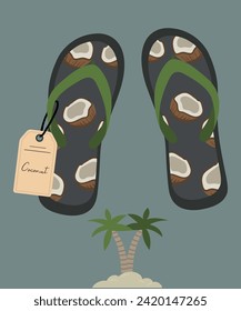 Flat Design Illustration with Flip Flops at Coconut Pattern, Palm,Sale Tag	