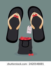 Flat Design Illustration with Flip Flops, Shopping Bag at Cherry, Sale Tag	