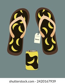 Flat Design Illustration with Flip Flops at Banana Pattern,Juice,Sale Tag	