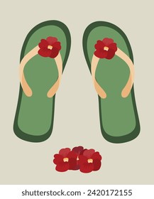 Flat Design Illustration with Flip Flops at Red Flowers	