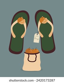 Flat Design Illustration with Flip Flops, Shopping Bag at Orange, Sale Tag	