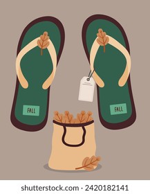 Flat Design Illustration with Flip Flops, Shopping Bag at Leaves, Sale Tag	