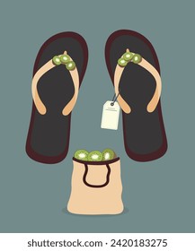 Flat Design Illustration with Flip Flops, Shopping Bag at Kiwi, Sale Tag