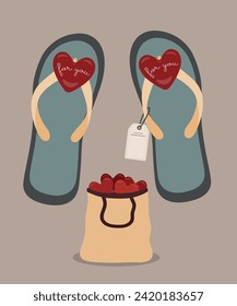 Flat Design Illustration with Flip Flops, Shopping Bag at Heart, Sale Tag	