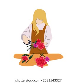 Flat design illustration of a florist arranging and cutting roses on a table. Blonde woman in an apron working with flowers. Floral arrangement. Gardening. Florist colorful illustration.