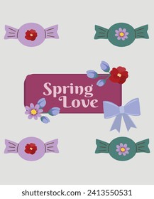 Flat Design Illustration with Flowers Candy ,Ribbon