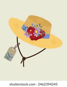 Flat Design Illustration at Flowers Hat Straw and Sunglasses, Sale Tag