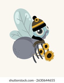 Flat Design Illustration with Fly Insect and Wearing a Hat, Scarf Holding Sunflower Flowers