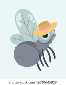  Flat Design Illustration with Fly Insect and Wearing a Hat