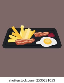 Ilustração de design plano com comida Bacon e ovo, batata francesa, Ketchup