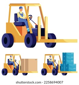 Flat design illustration of forklift truck operator at work and in 3 versions.