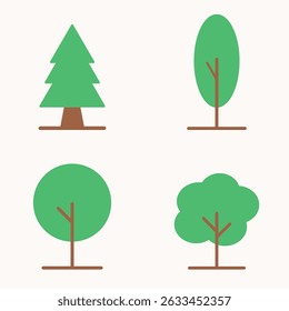Flat design illustration of four different green tree icons with brown trunks and simple nature style