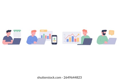 Uma ilustração de design plano de quatro pessoas envolvidas em trabalho colaborativo, provavelmente em um ambiente de trabalho remoto ou empresarial.