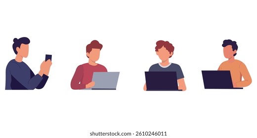 Flat design illustration of four young men engaged in different digital activities.