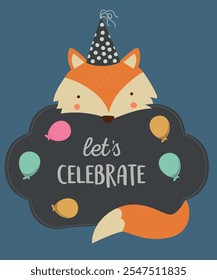  Flat Design Illustration with Fox at Banner Let's Celebrate