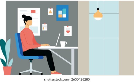 Flat design illustration of a freelancer working from home in a minimalist workspace. The character is sitting at a desk with a laptop.