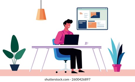 Flat design illustration of a freelancer working from home in a minimalist workspace. The character is sitting at a desk with a laptop.