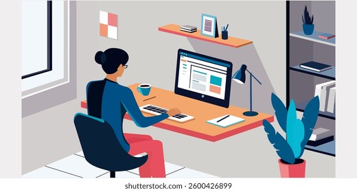 Flat design illustration of a freelancer working from home in a minimalist workspace. The character is sitting at a desk with a laptop.