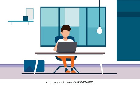 Flat design illustration of a freelancer working from home in a minimalist workspace. The character is sitting at a desk with a laptop.