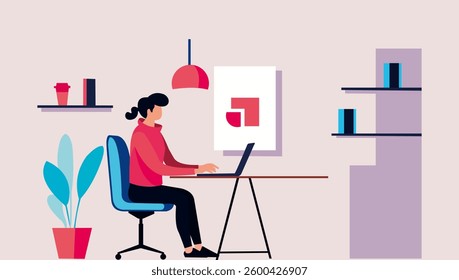 Flat design illustration of a freelancer working from home in a minimalist workspace. The character is sitting at a desk with a laptop.