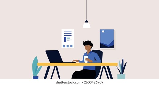 Flat design illustration of a freelancer working from home in a minimalist workspace. The character is sitting at a desk with a laptop.