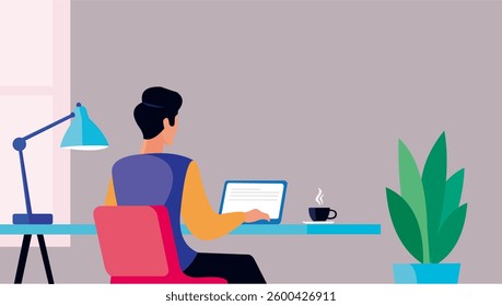 Flat design illustration of a freelancer working from home in a minimalist workspace. The character is sitting at a desk with a laptop.