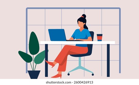 Flat design illustration of a freelancer working from home in a minimalist workspace. The character is sitting at a desk with a laptop.
