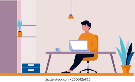 Flat design illustration of a freelancer working from home in a minimalist workspace. The character is sitting at a desk with a laptop.