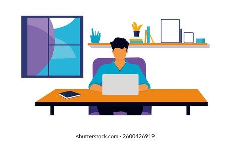 Flat design illustration of a freelancer working from home in a minimalist workspace. The character is sitting at a desk with a laptop.