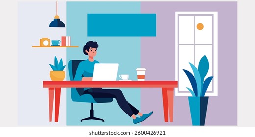Flat design illustration of a freelancer working from home in a minimalist workspace. The character is sitting at a desk with a laptop.