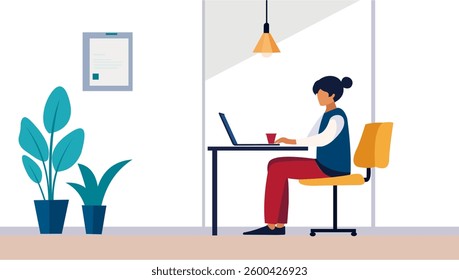 Flat design illustration of a freelancer working from home in a minimalist workspace. The character is sitting at a desk with a laptop.
