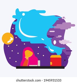flat design illustration full color: woman waiting for food to be cooked at dawn while sleepy - suhoor time (Ramadhan)