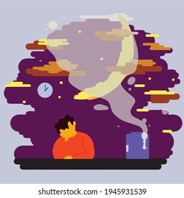 flat design illustration full color: a man waiting for food to be cooked at dawn while sleepy - suhoor time (Ramadhan)