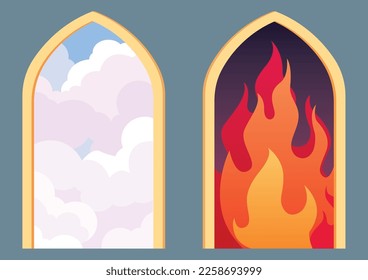Flat design illustration of the gates of Heaven and Hell.