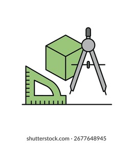 Uma ilustração de design plano de ferramentas de geometria, com um cubo verde claro, uma bússola de desenho cinza e um quadrado de conjunto verde com marcas de medida.