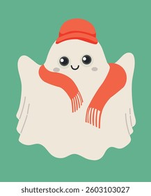 Flat Design Illustration with Ghost and Scarf,Hat