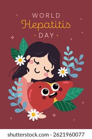 Flat design illustration of a girl hugging a heart symbol to raise awareness for hepatitis day promoting health compassion and care through simple medical themed art