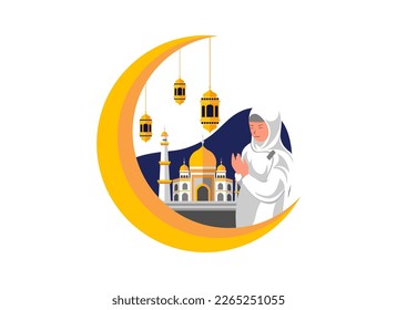 Flat Design Illustration of a Girl Praying with Mosque and Crescent Moon Elements