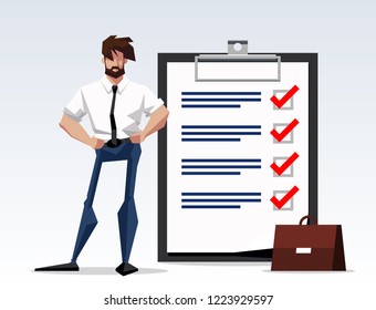 flat design illustration goal achieved character businessman standing with a big clipboard paper with to-do list. Flat design banner isolated on white background mission accomplished