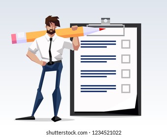 flat design illustration goal achieved character businessman standing with a big clipboard paper with to-do list. Flat design banner isolated on white background mission accomplished