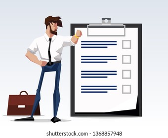 flat design illustration goal achieved character businessman standing with a big clipboard paper with to-do list. Flat design banner isolated on white background mission accomplished
