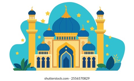 Flat Design Illustration of Golden Islamic Mosque Heritage Building with Floral Plant in Blue Sky